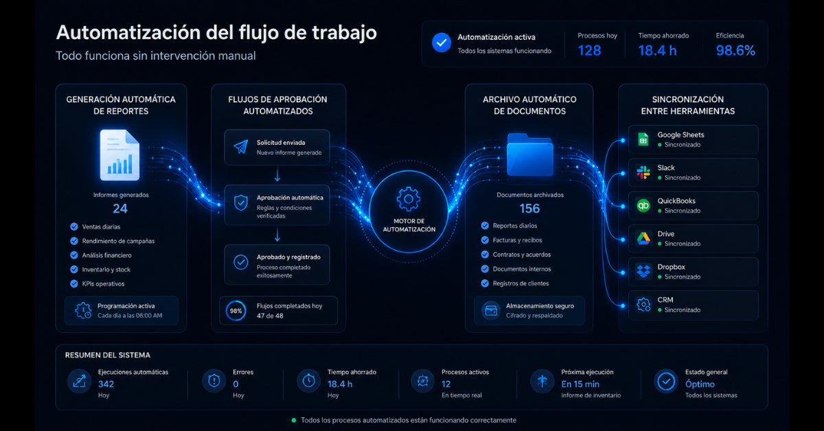 Equipo de pequeña empresa con flujos de automatización administrativa activos en pantalla, mostrando procesos automáticos de reportes, aprobaciones y documentación sin intervención manual