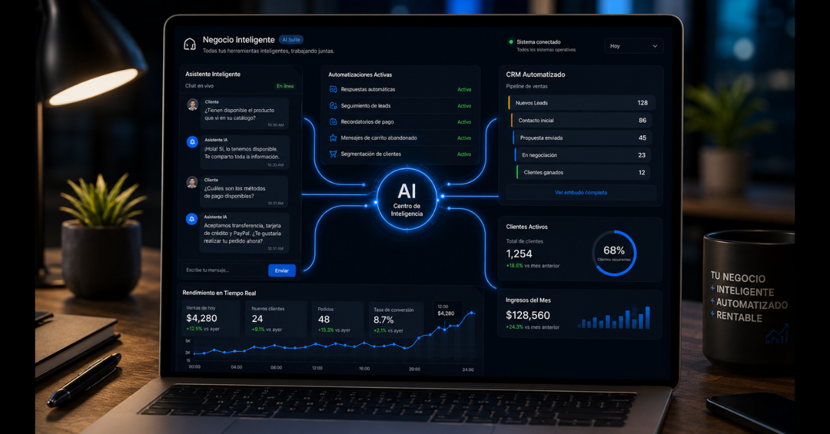 Dueño de pequeño negocio implementando herramientas de inteligencia artificial para automatizar atención al cliente y gestión de pedidos desde su computadora